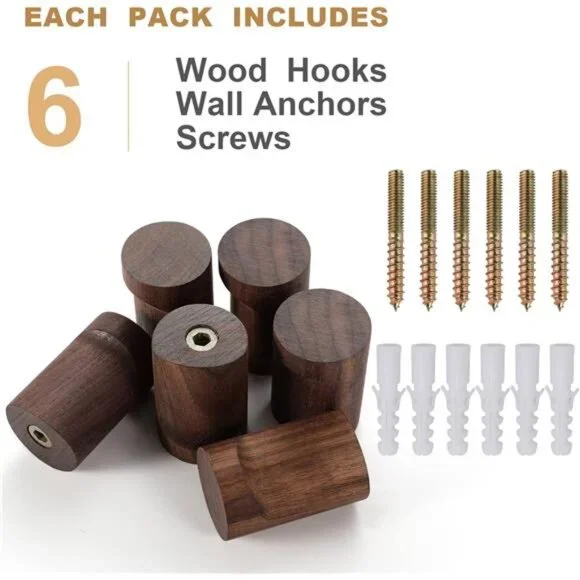 Wood Wall Hooks 6 Pack, Natural Wooden Coat Hooks Wall Mounted, Handmade Rustic - Picture 6 of 14